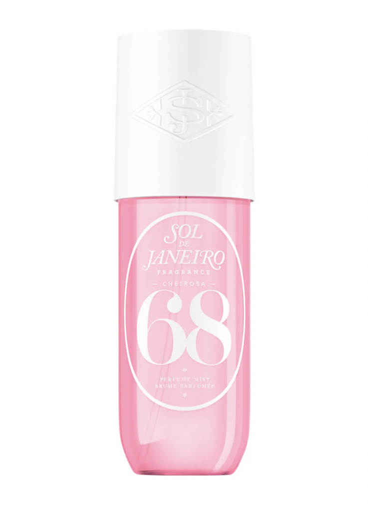 A bottle of Sol de Janeiro's Brazilian Crush Cheirosa '68 fragrance mist, featuring a light pink liquid in a clear bottle with a white cap. The label includes the brand and product name.